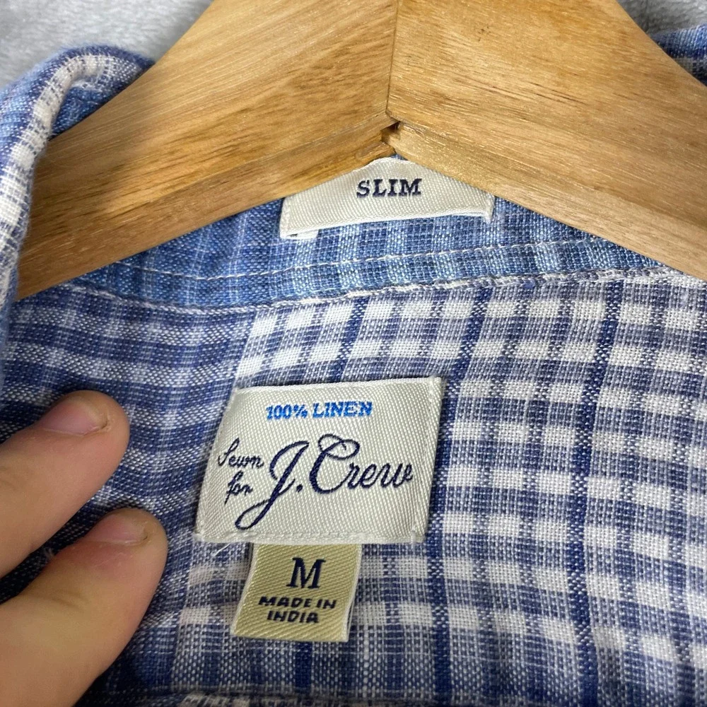 J. Crew Button Down Shirt Mens M Blue Plaid Slim Fit 100% Linen Long Sleeve